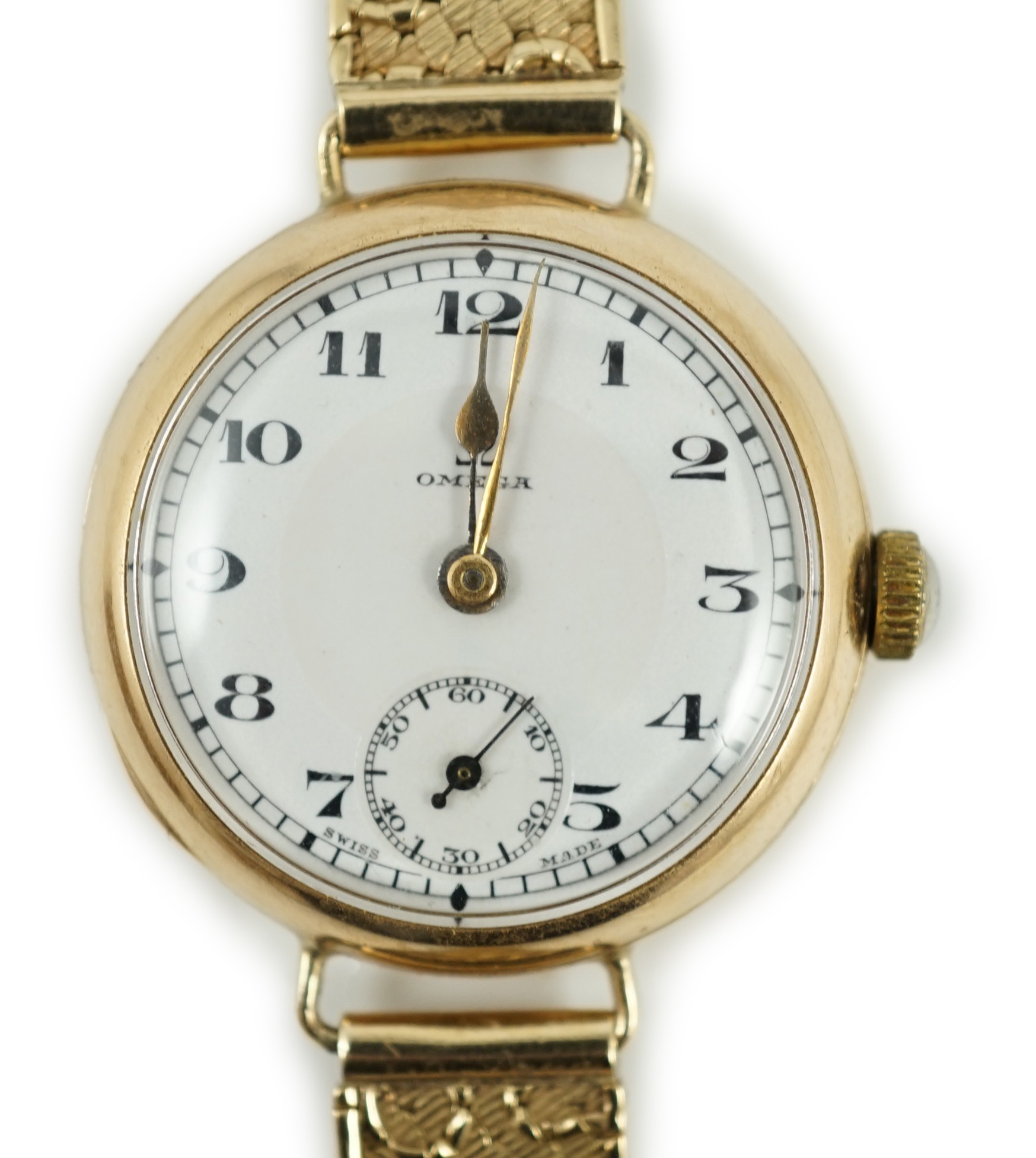 A lady's 1920's 9ct gold Omega manual wind wrist watch, on a later 9ct gold strap, overall 18.5cm, gross weight 33.2 grams.